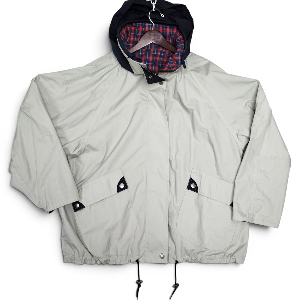 Vintage 90s Hooded Plaid Lined Anorak Jacket Beige Utility Parka Nautical XL